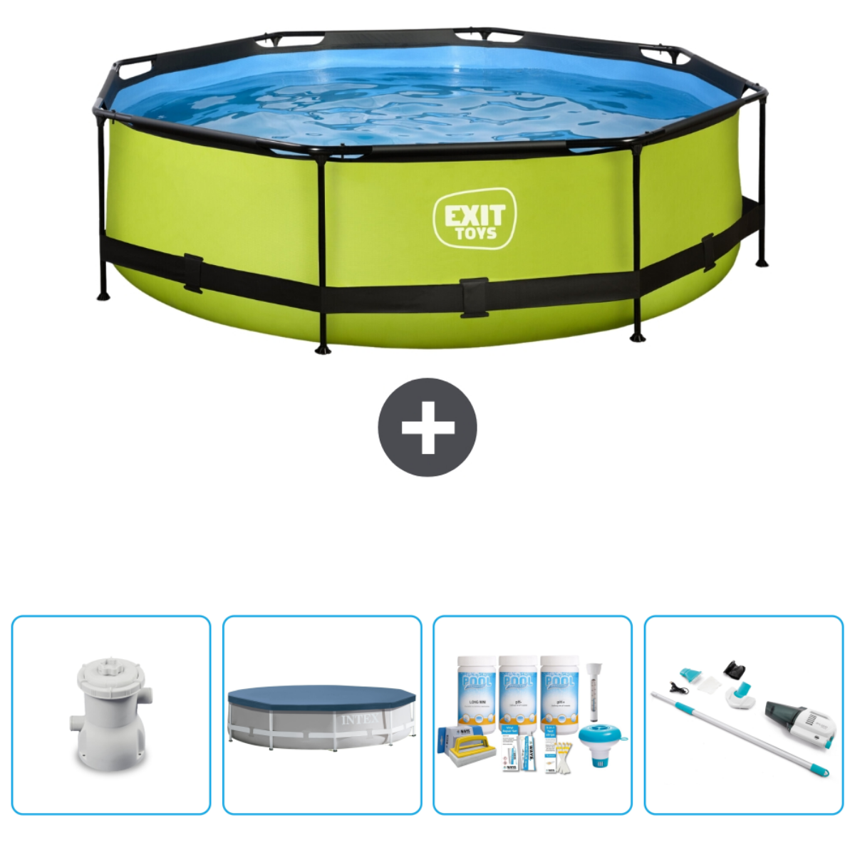 Piscine verte avec accessoires, dont filtre, couverture et nettoyant.