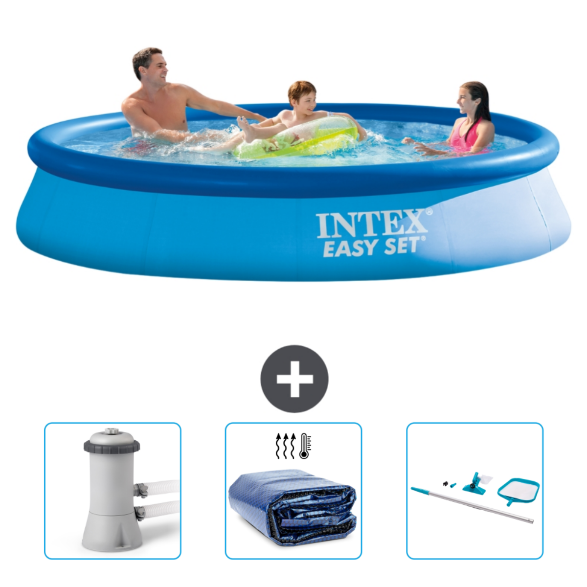 Menschen in einem blauen runden Pool mit Zubehör. Ein Pluszeichen trennt den Pool und das Zubehör.