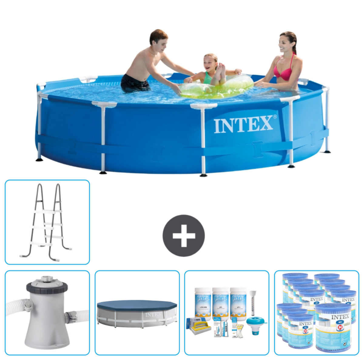 Piscine bleue avec personnes, accessoires. Comprend pompe, couverture, produits chimiques et nettoyage.