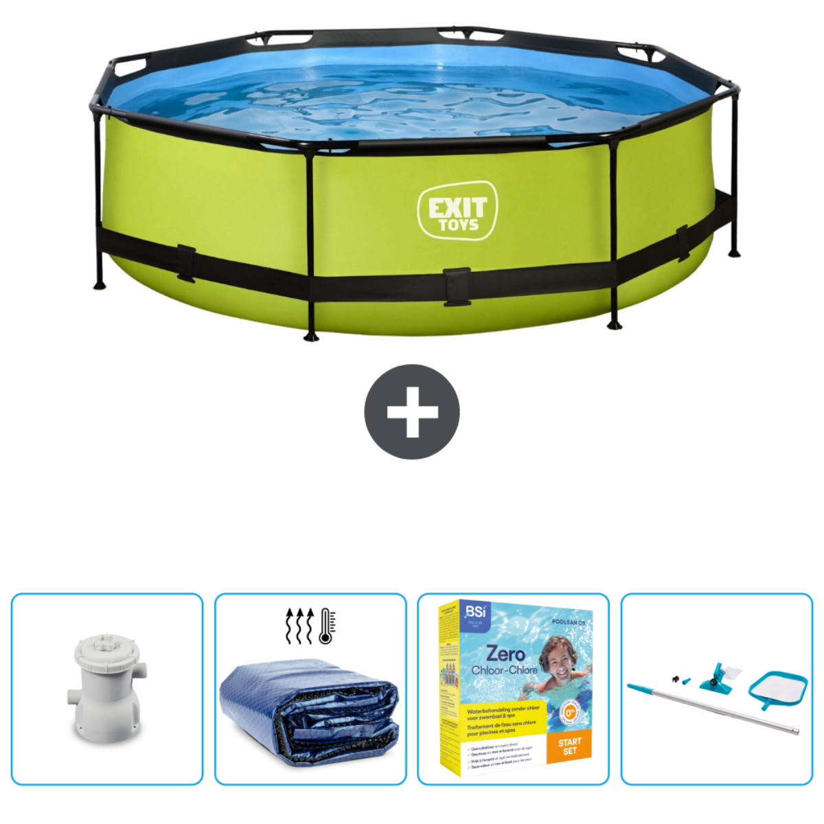 Piscine verte octogonale EXIT TOYS avec accessoires. Comprend pompe, couverture et traitement au chlore.