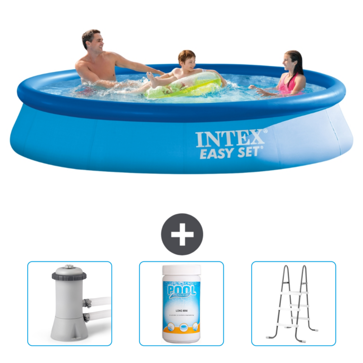 Leute in einem blauen Intex Easy Set Pool. Zubehör umfasst eine Pumpe, Chlor und eine Leiter.