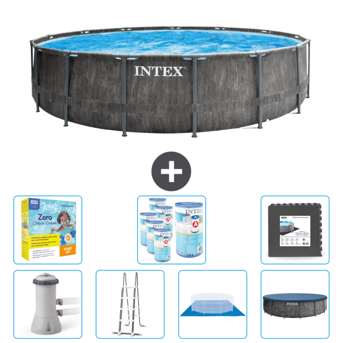 An Intex pool with accessories like a filter, ladder, and chemicals.