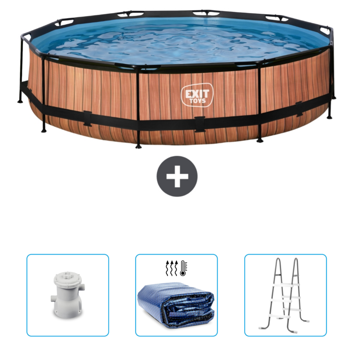 Een achthoekig zwembad met een houten bekleding, plus accessoires: filter, afdekking, ladder en temperatuurmeter.
