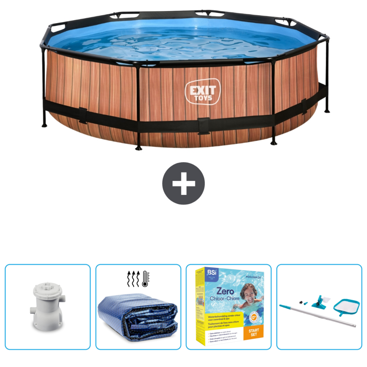 Zwembad met houtlook en accessoires. Inclusief filter, afdekking, chemicaliën en schoonmaakset.