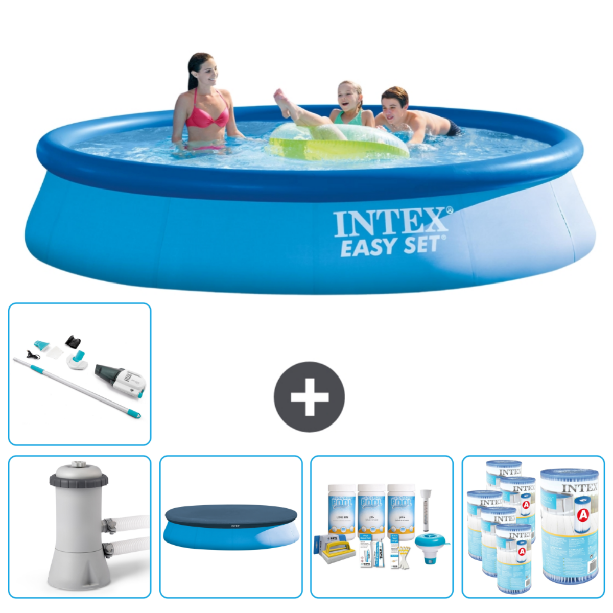 Des personnes dans une piscine Intex bleue, avec des accessoires en dessous. La piscine est remplie d'eau.