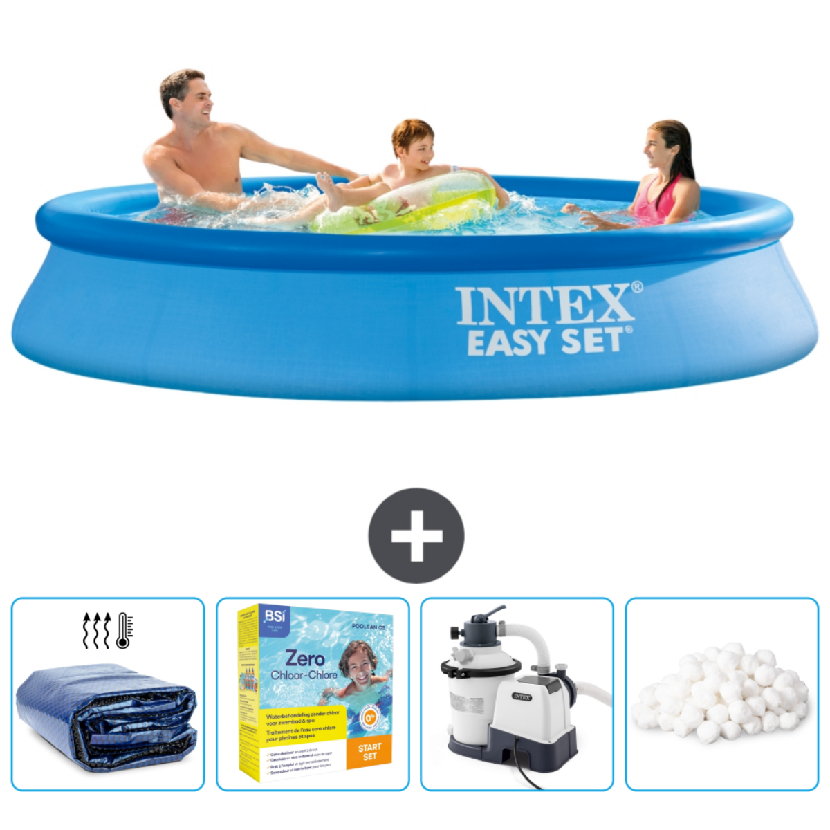 Piscine bleue Intex Easy Set avec personnes nageant. Accessoires : couverture, chlore et pompe filtrante.