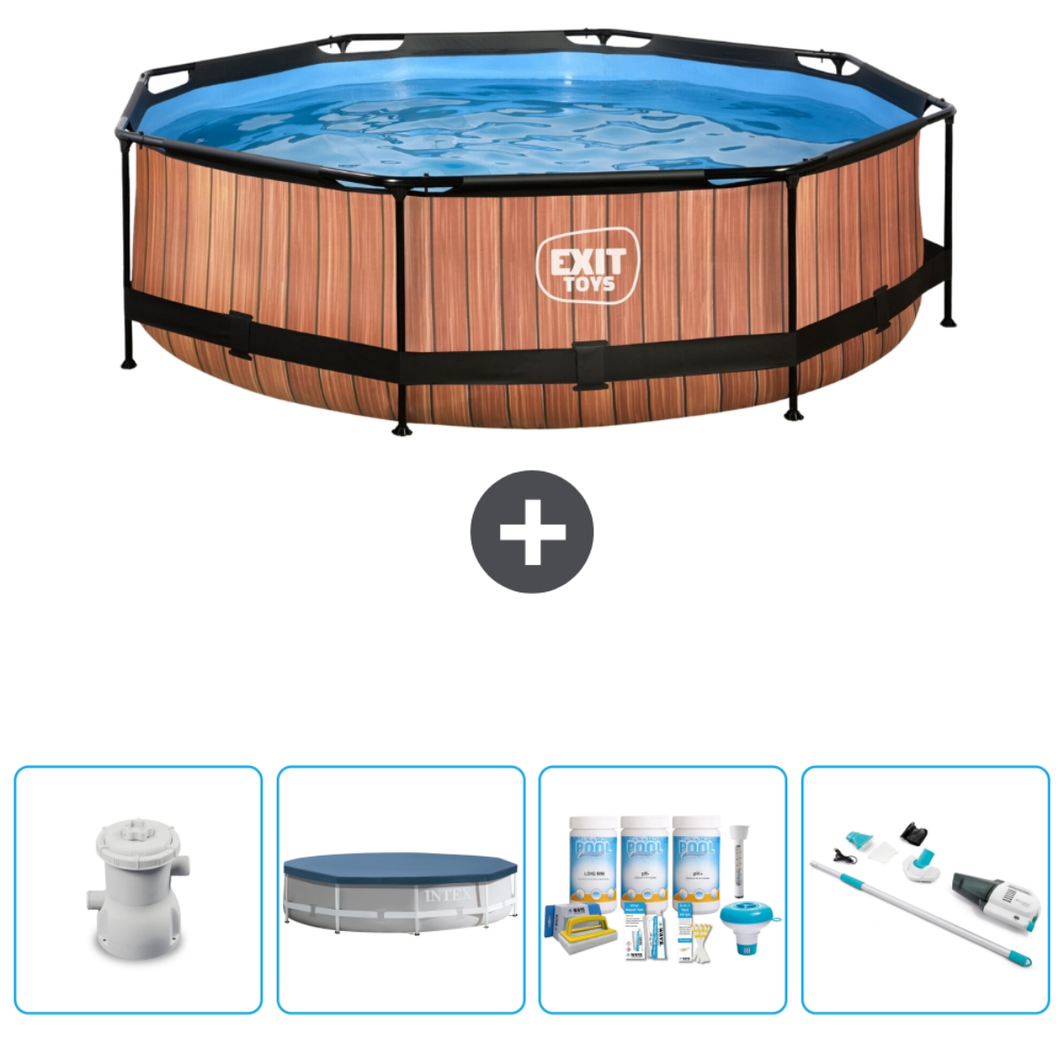 Piscine côtés bois avec accessoires. Comprend pompe, couverture, produits chimiques et outils.