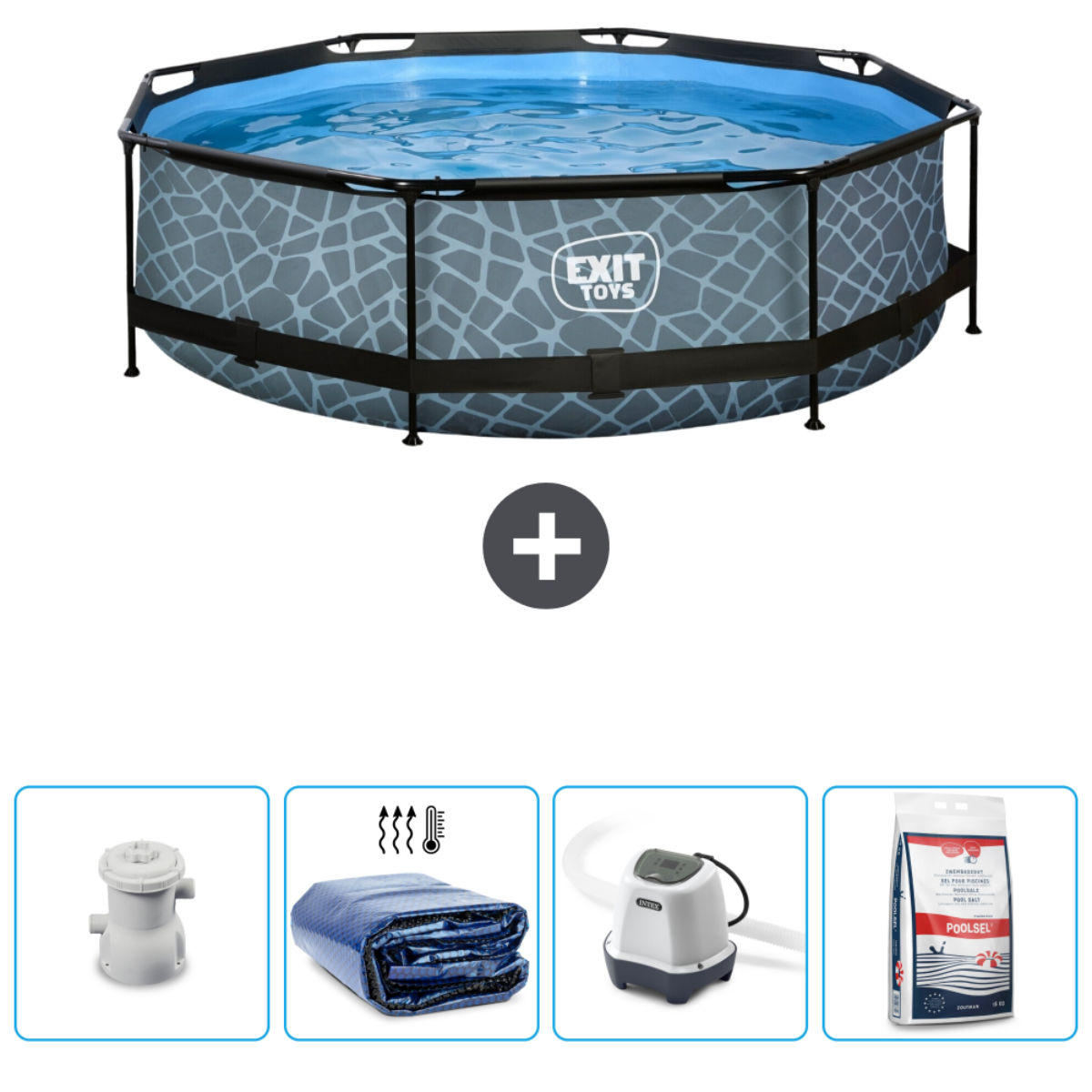 Piscine à motifs gris, avec accessoires. Comprend une pompe, une bâche et des produits chimiques de nettoyage.