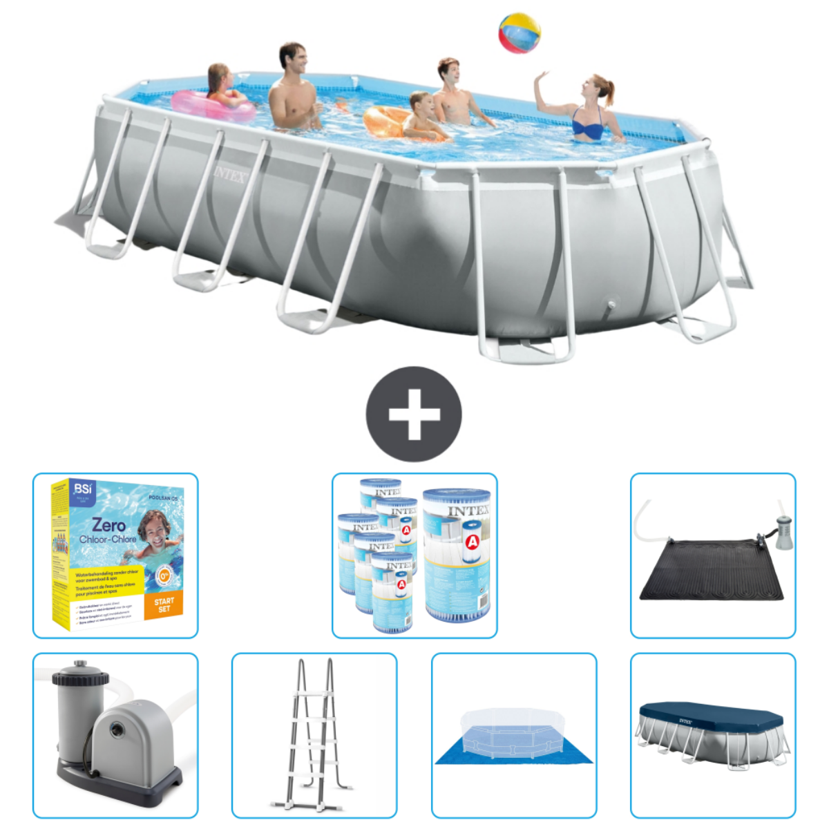 Mensen in Intex zwembad met accessoires. Inclusief afdekking, chemicaliën, pomp, ladder, zonnedek en bal.