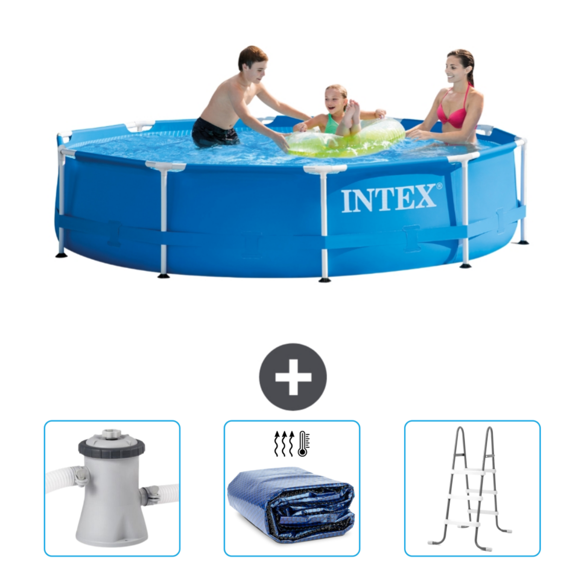 Menschen in einem Intex-Pool mit Zubehör unten. Das Becken ist mit Wasser gefüllt und Menschen schwimmen.