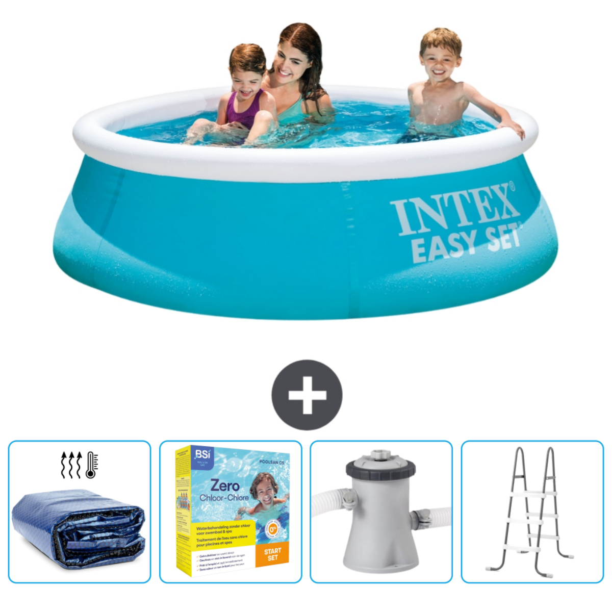 Personnes dans une piscine avec accessoires. Accessoires: couverture, produits chimiques, filtre et échelle.