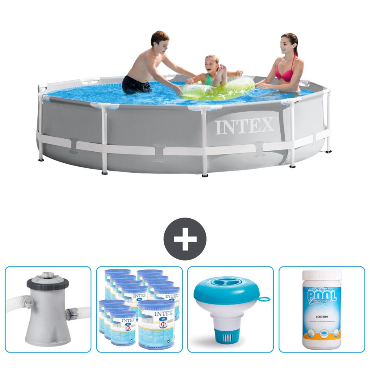 Familie spielt in einem runden Intex-Pool. Enthält Filter, Chemikalien und Zubehör.