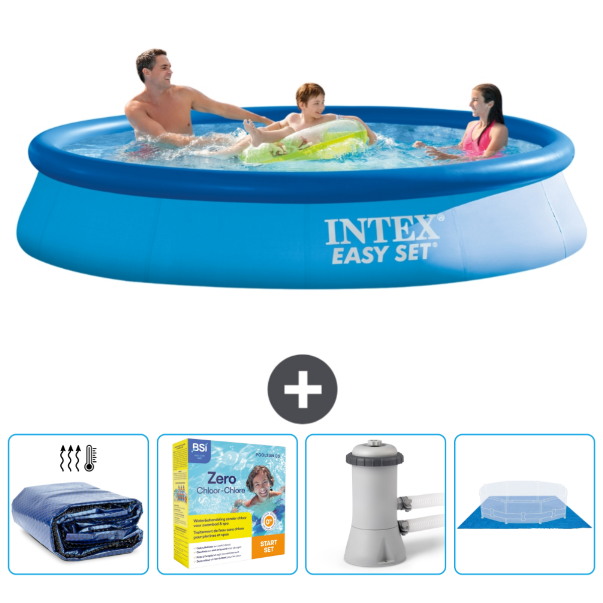 Menschen in blauem Pool. Drei Personen im Intex Easy Set Pool mit Zubehör.