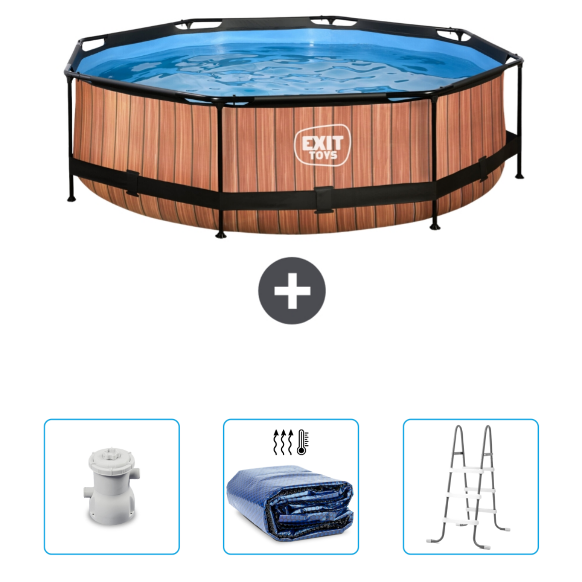 Piscine style bois avec accessoires. La piscine est ronde.