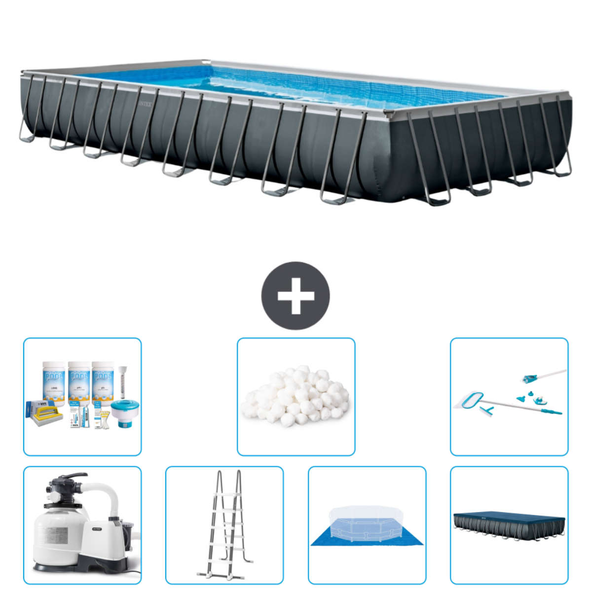 Rechthoekig Intex zwembad met accessoires. Inclusief chemicaliën, filter, ladder en schoonmaakgereedschap.