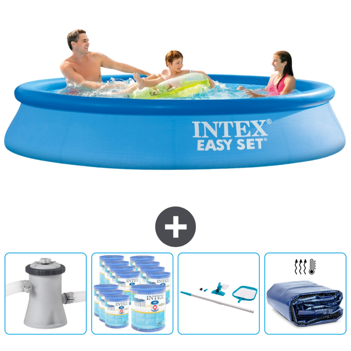 Piscine gonflable Intex bleue avec des gens qui nagent. Comprend des produits chimiques, un filtre et une couverture.