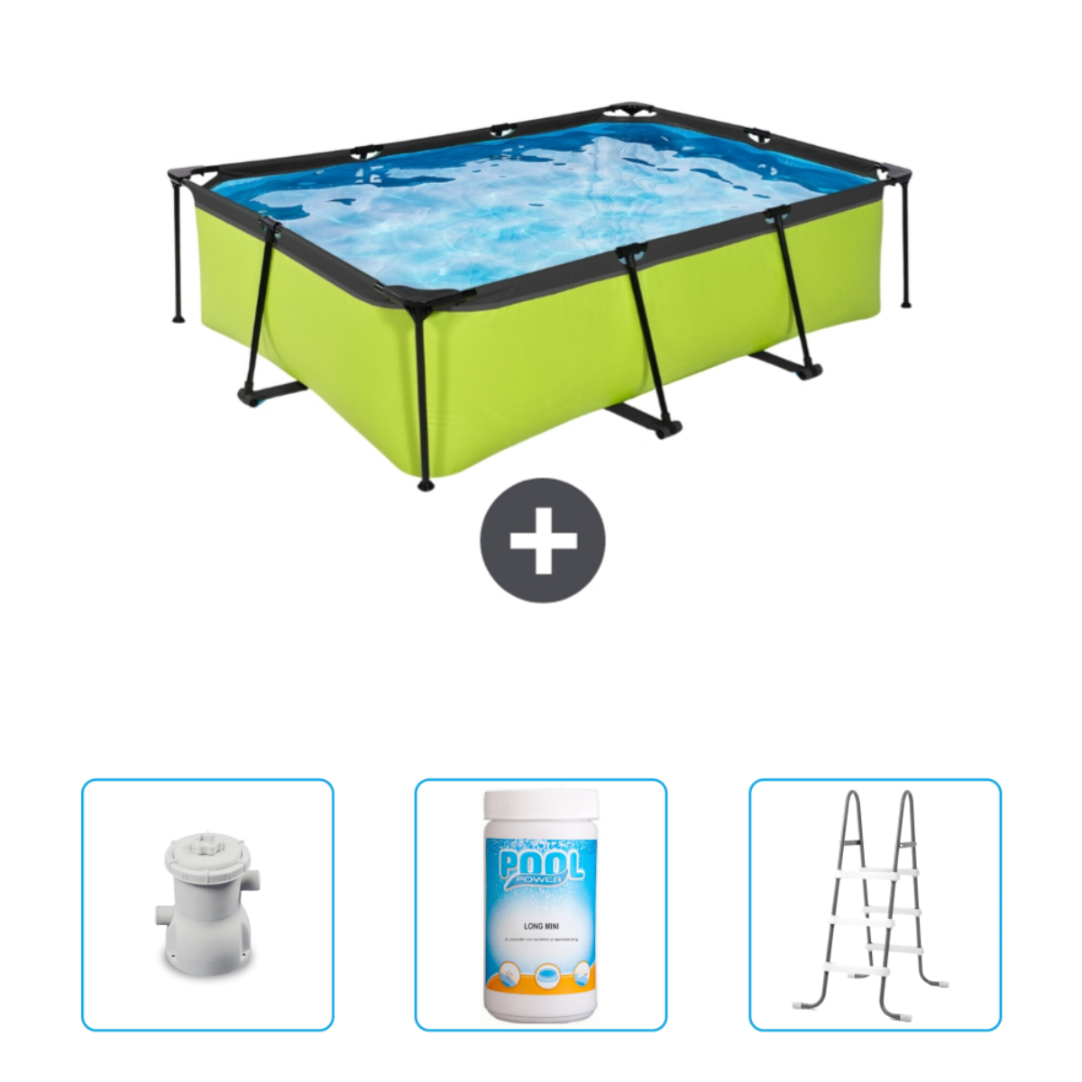 Piscine rectangulaire verte avec accessoires, dont un filtre et une échelle.