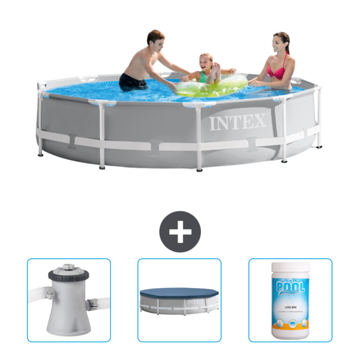Piscine grise avec personnes et accessoires: couverture, filtre, produits chimiques. Gens dans la piscine, appréciant.