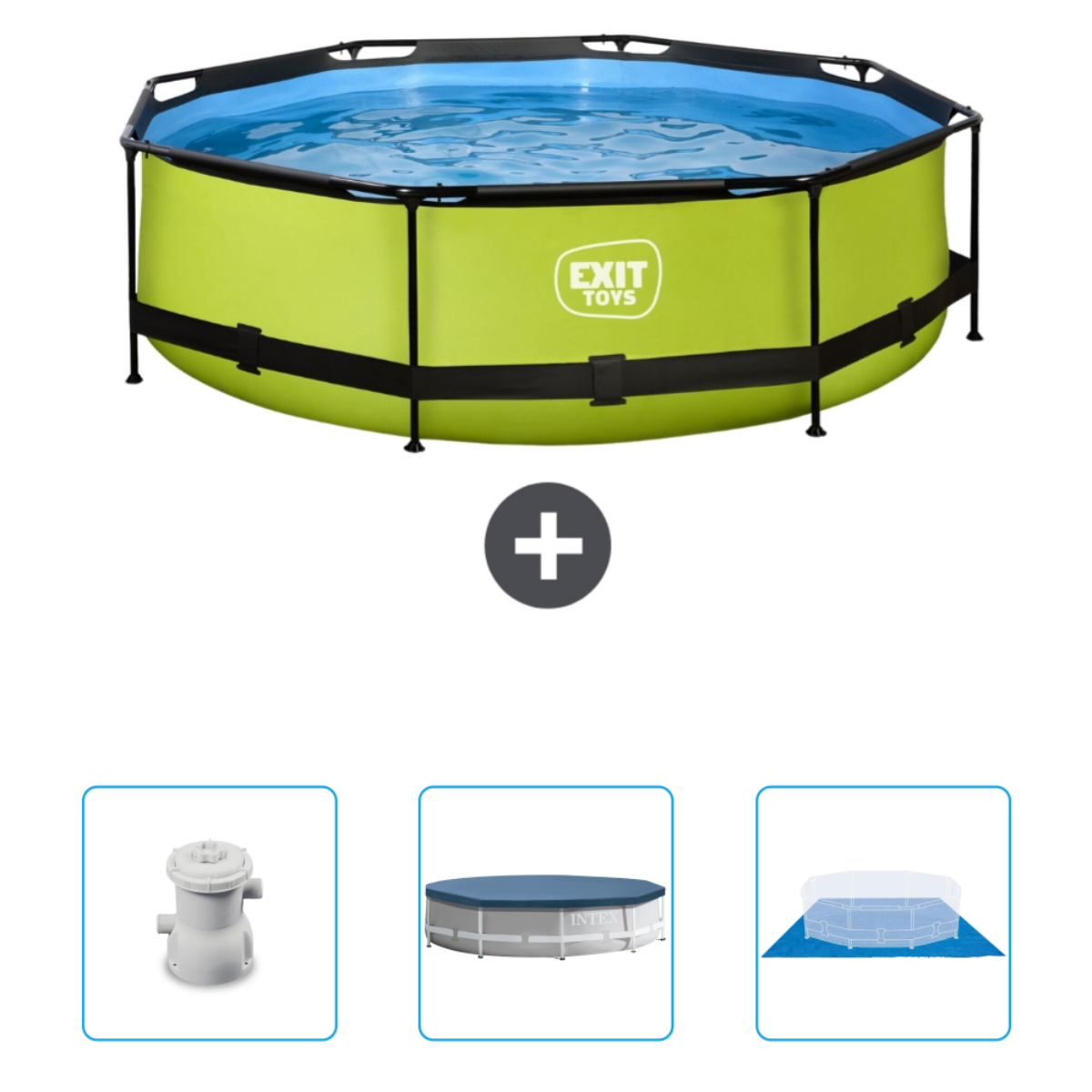 Piscine octogonale verte. Comprend pompe, bâche et tapis.