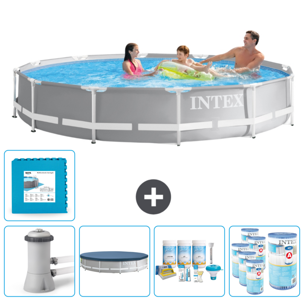 Familie in grijs zwembad met accessoires. Inclusief mat, filter, afdekking en chemicaliën.