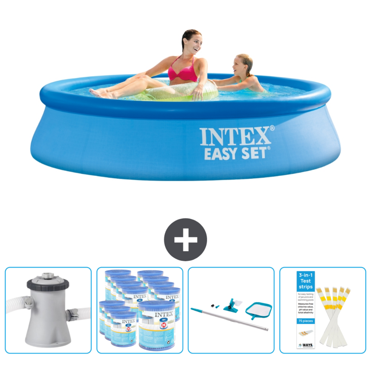 Personen in blauem Intex-Pool. Zubehör: Pumpe, Chemikalien, Reinigungsset und Teststreifen.