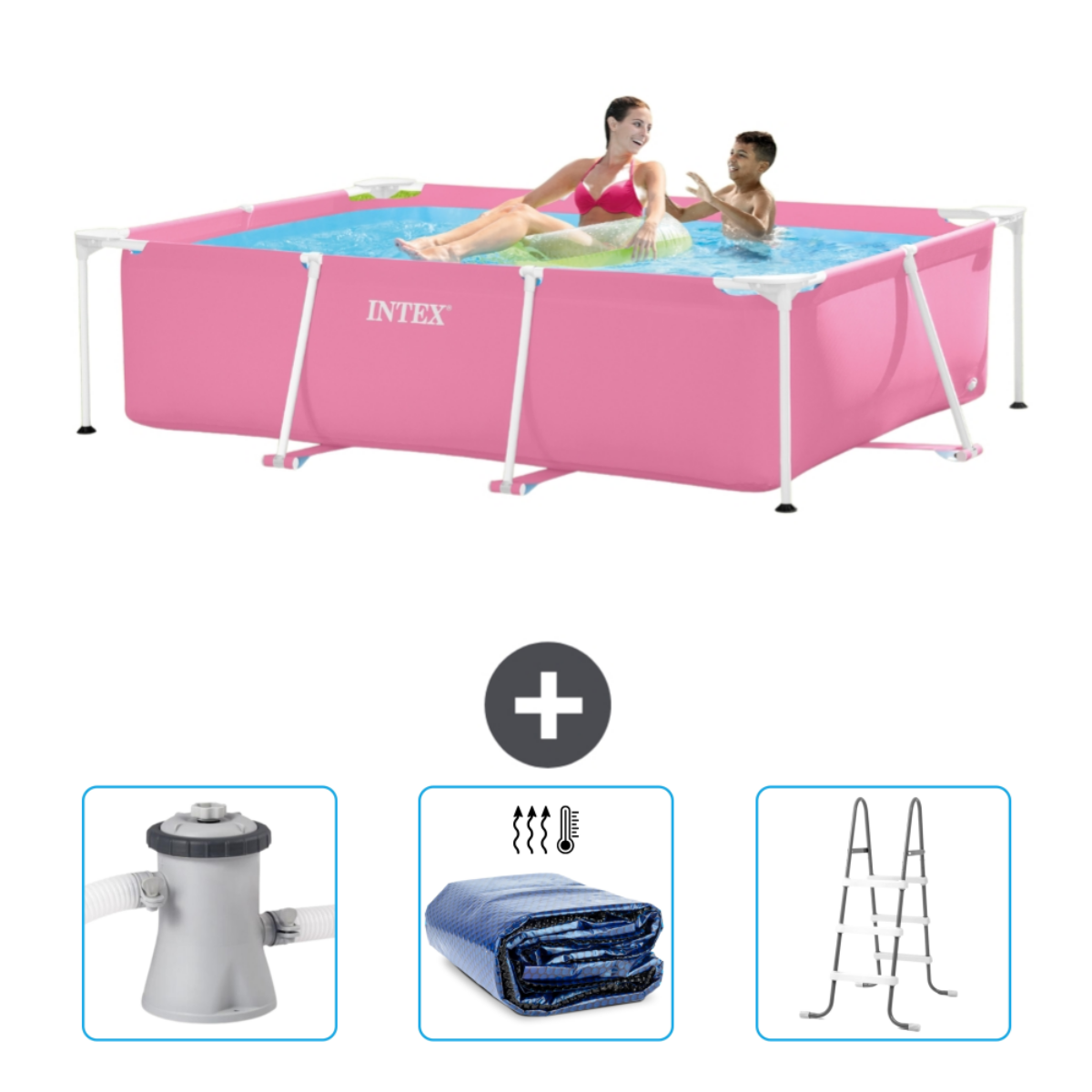 Rosa Pool mit Personen und Zubehör: Abdeckung, Filter, Leiter. Personen im Pool, haben Spaß.