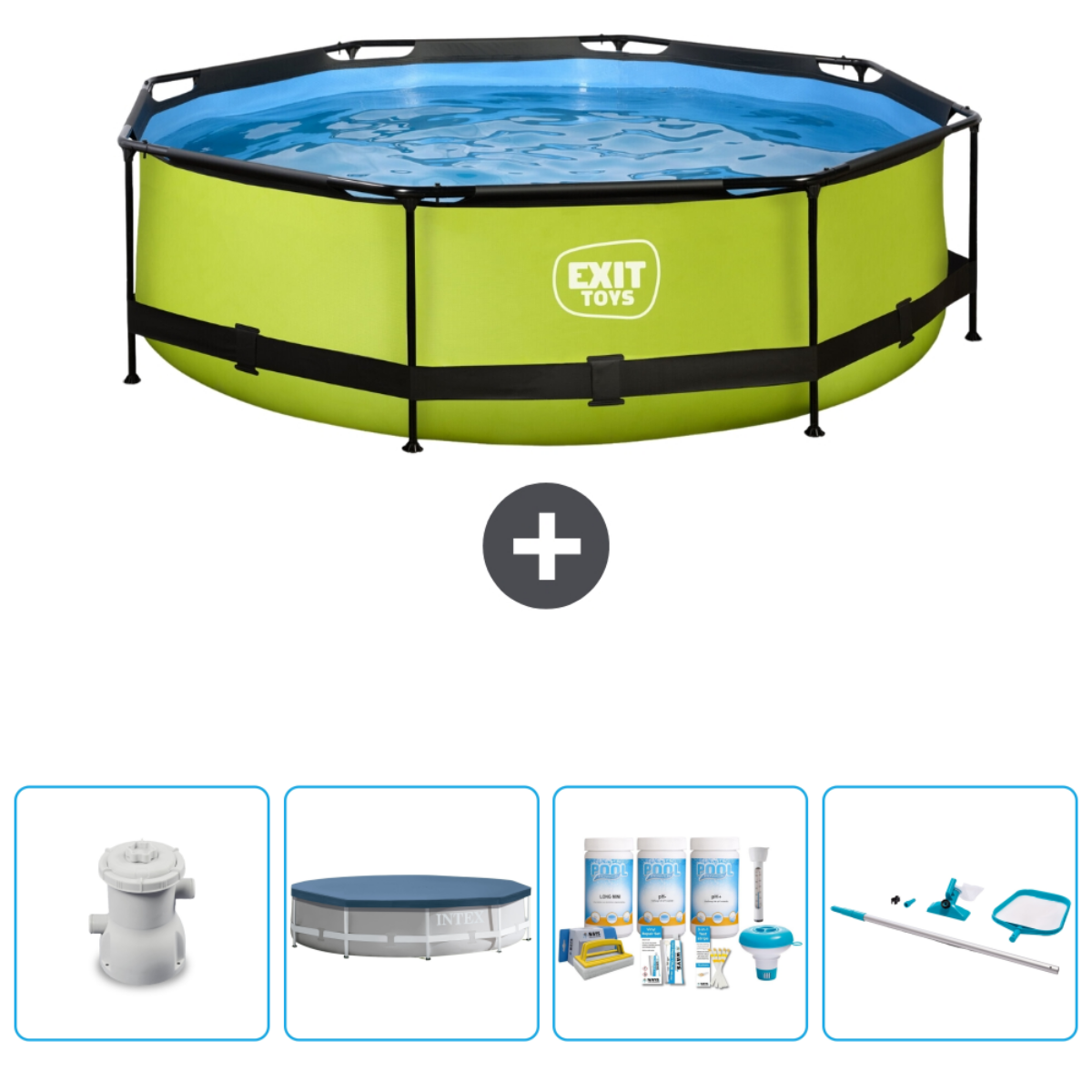 Piscine verte Exit Toys avec accessoires. Comprend filtre, bâche, produits chimiques et plus.