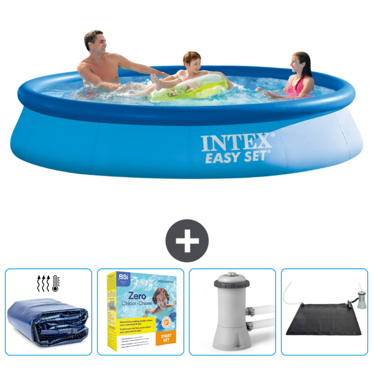 Piscine bleue Intex Easy Set avec personnes nageant. Accessoires : couverture, pompe, chlore et chauffage solaire.