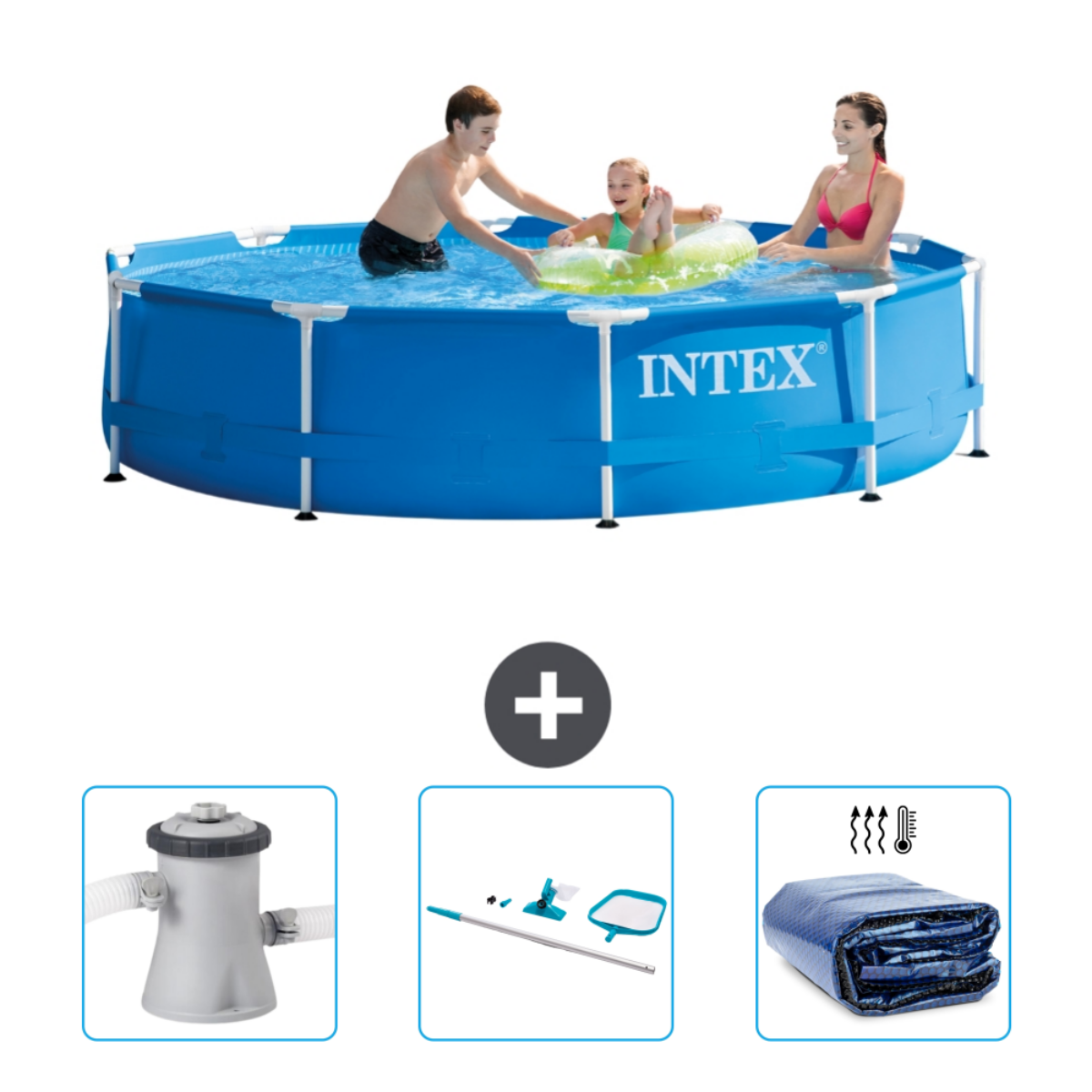 Intex-Pool mit drei Personen, Poolreiniger, Abdeckung und Zubehör.