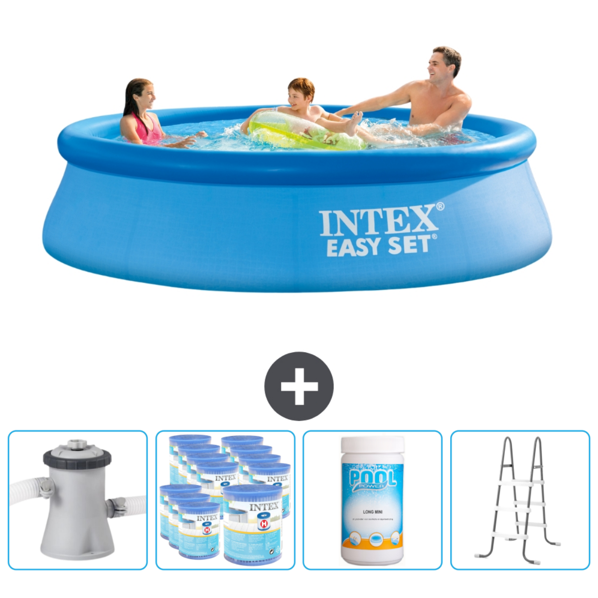 Piscine ronde bleue avec personnes. Accessoires: filtre, bâche, échelle, produits.