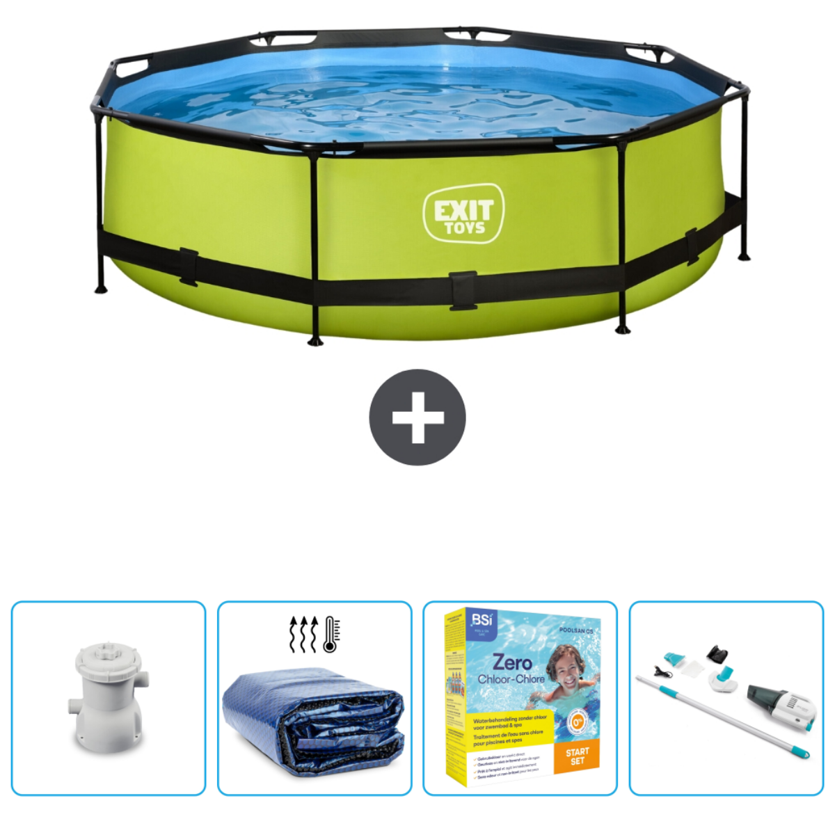 Piscine verte avec accessoires : pompe, couverture, produits chimiques et outils de nettoyage.