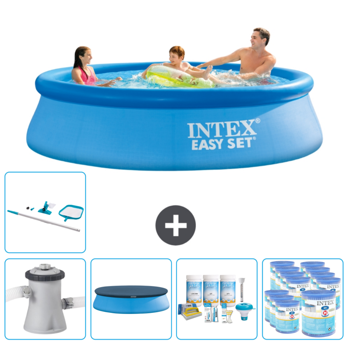 Opblaasbaar blauw zwembad met familie. Inclusief accessoires zoals filter en chemicaliën.