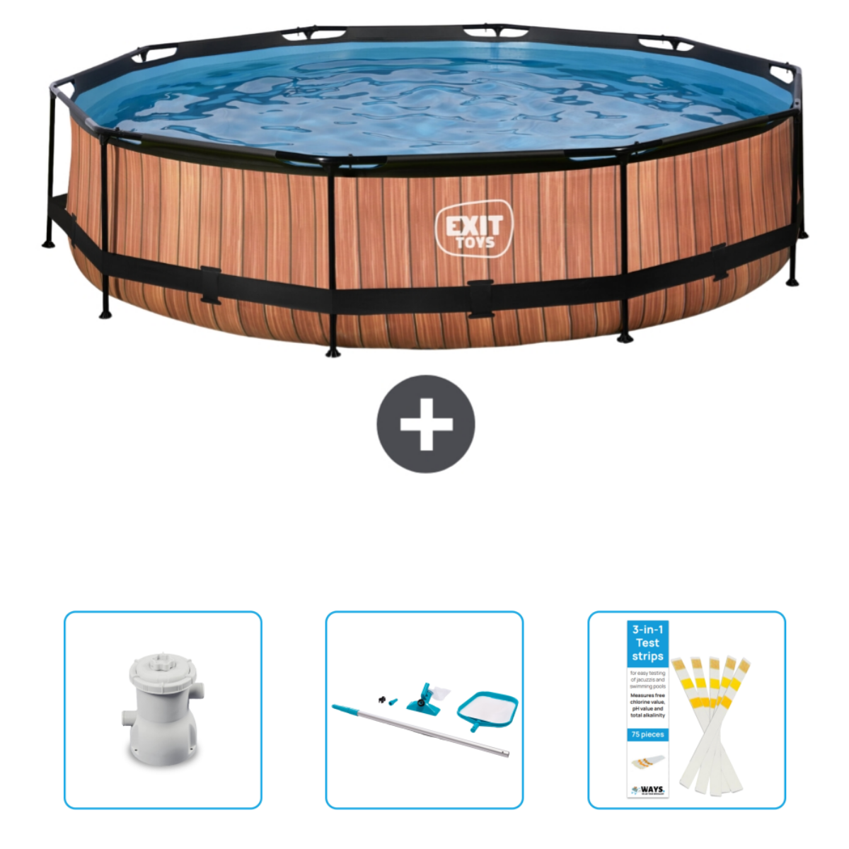 Une piscine octogonale avec accessoires. Inclut une pompe, des outils de nettoyage et des bandelettes de test.