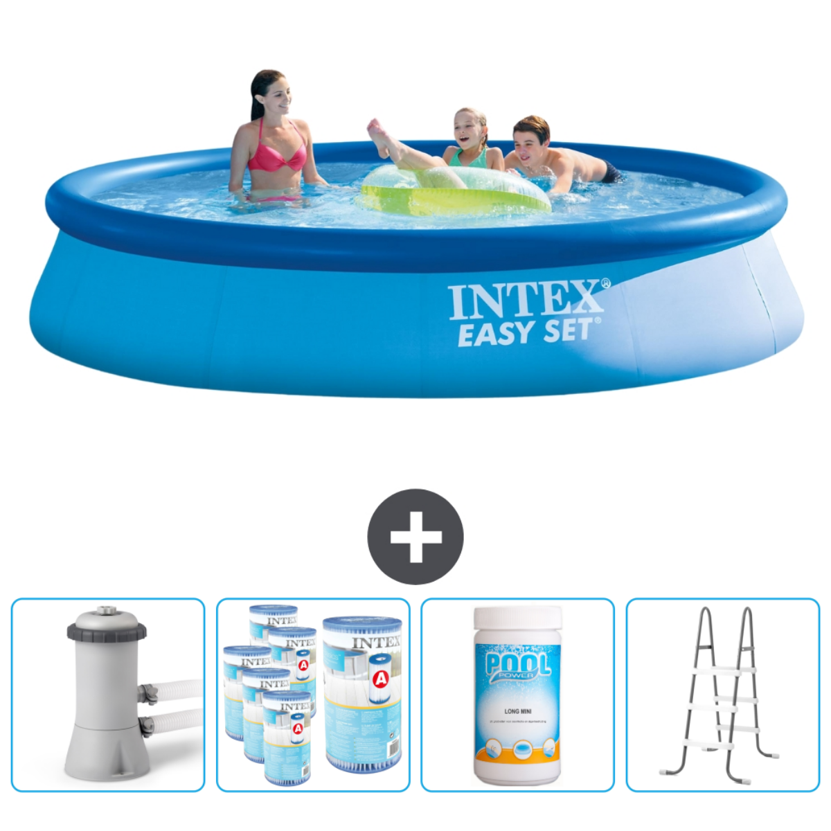 Piscine bleue avec personnes. Comprend pompe, produits chimiques et échelle.