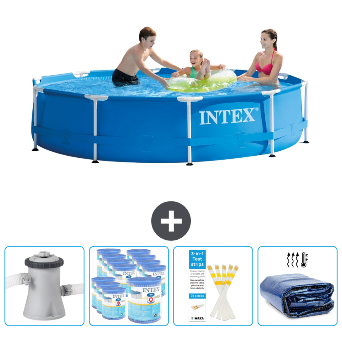 Menschen in einem Pool mit Schwimmreifen. Zubehör wie ein Filter ist sichtbar.