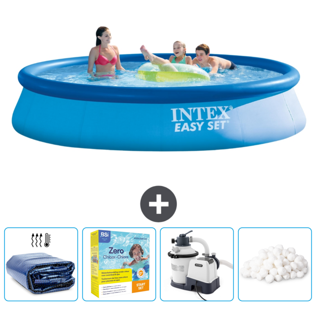 Personnes dans une piscine bleue. Inclut accessoires: couverture, produits chimiques, filtre, balles.