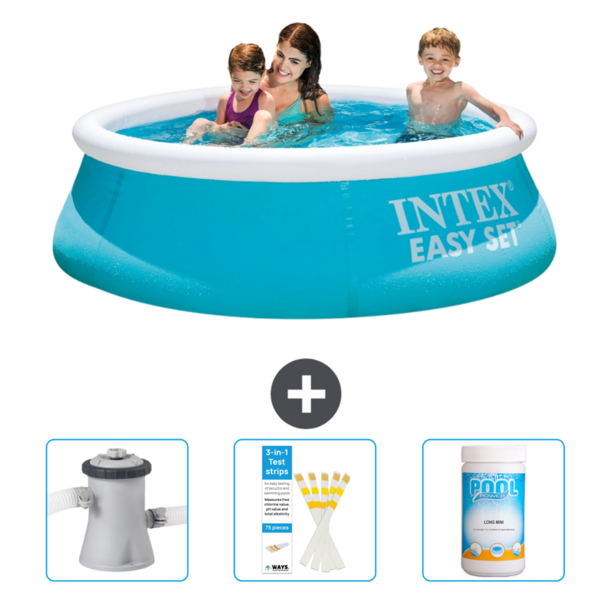 Blauer aufblasbarer Pool mit Personen darin. Enthält Pumpe und Reinigungschemikalien.