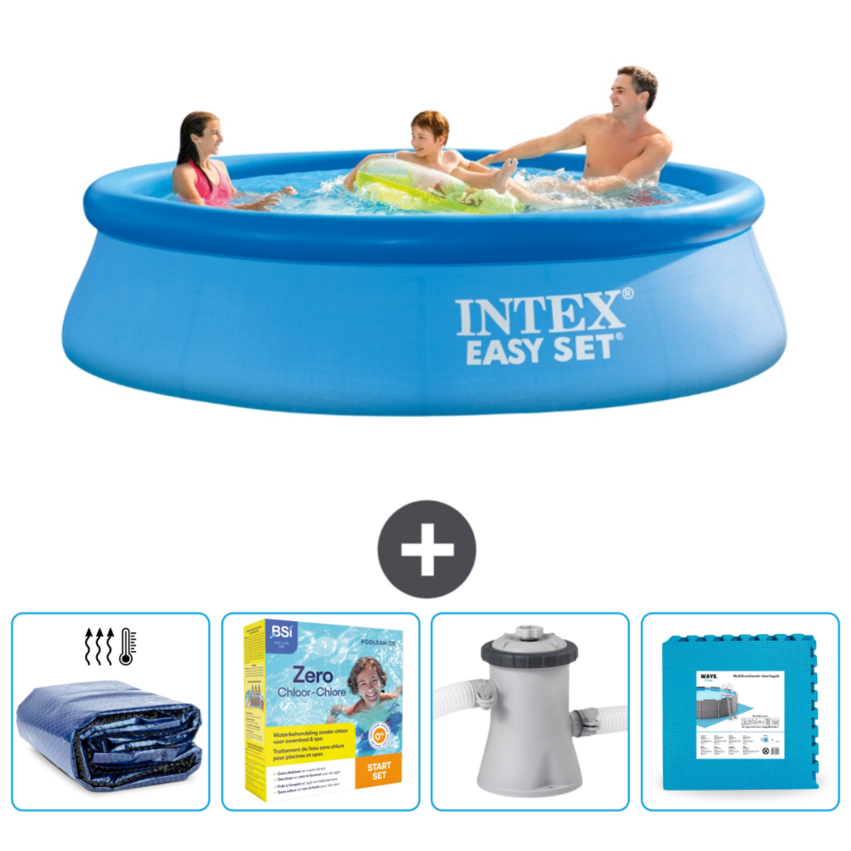 Menschen in einem Pool mit Zubehör. Zubehör: Abdeckung, Chemikalien, Filter und Bodenmatten.