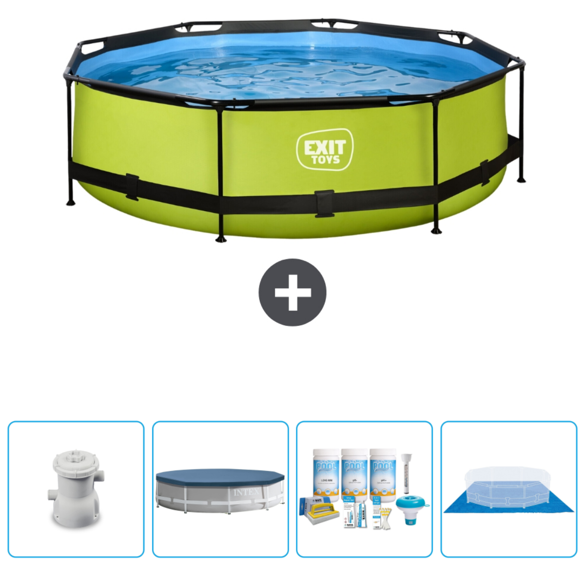 Groene achthoekige EXIT TOYS pool met accessoires. Inclusief pomp, afdekking, chloor en poolreinigingsartikelen.