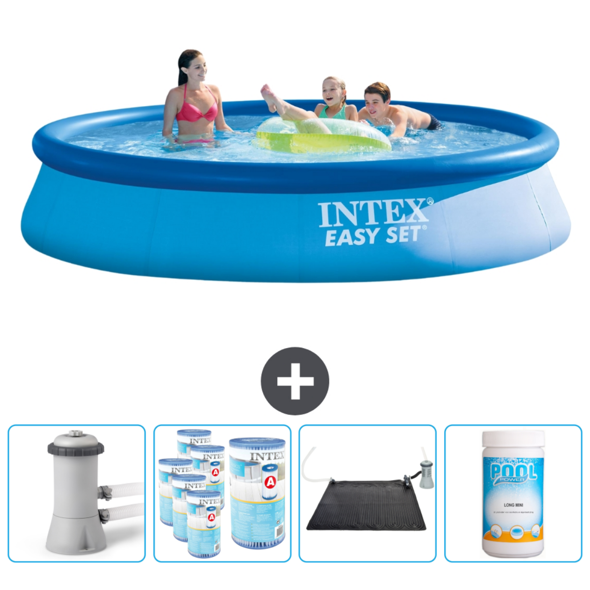 Menschen in einem blauen runden Pool mit Zubehör. Ein Pluszeichen trennt den Pool und das Zubehör.