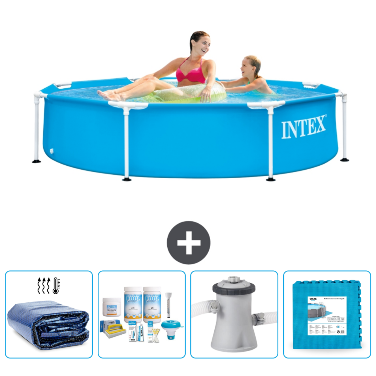 Blauer Pool mit Personen. Enthält Abdeckung, Chemikalien, Pumpe und Matte.