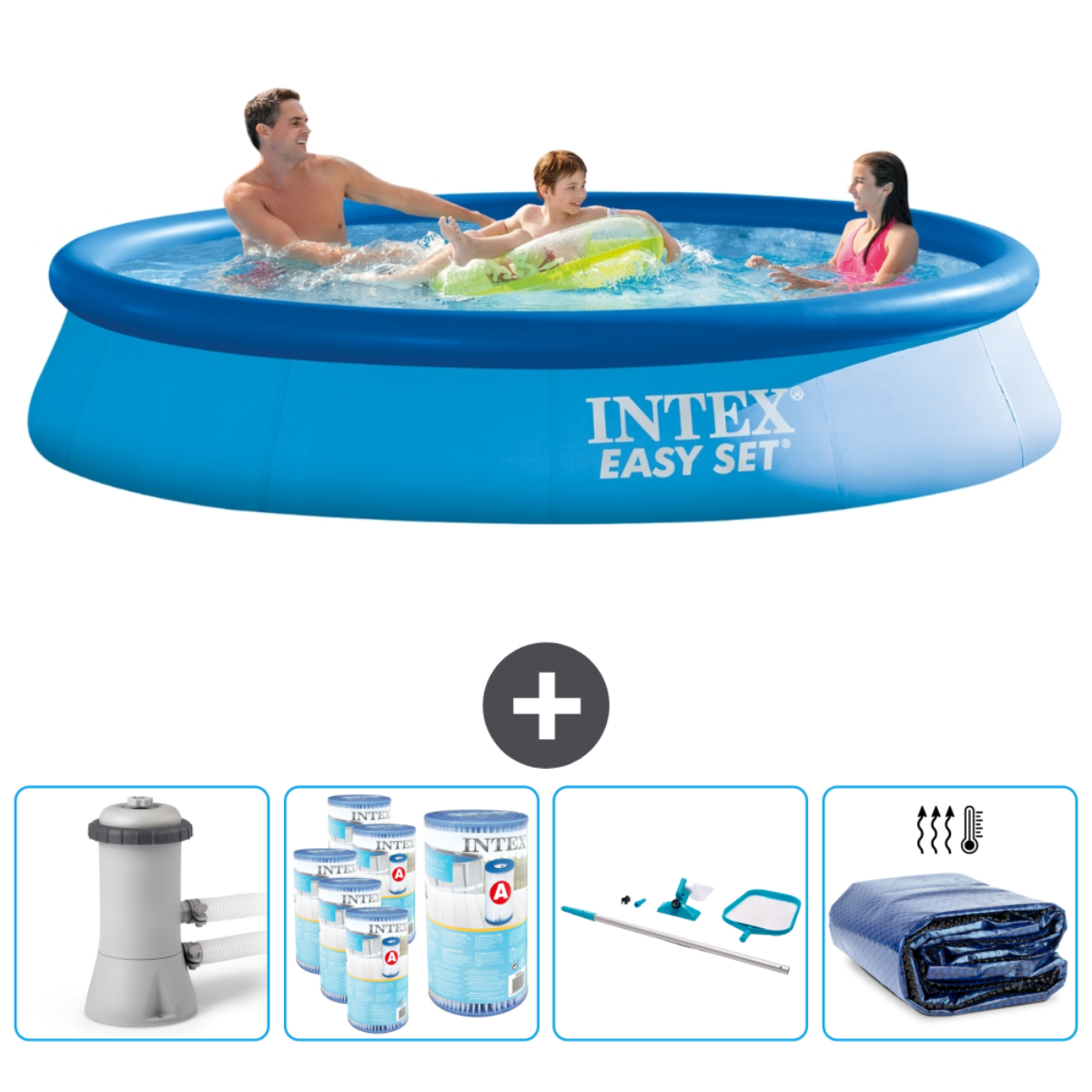 Piscine bleue Intex Easy Set avec personnes nageant. Inclut pompe, chlore, kit de nettoyage et couverture solaire.