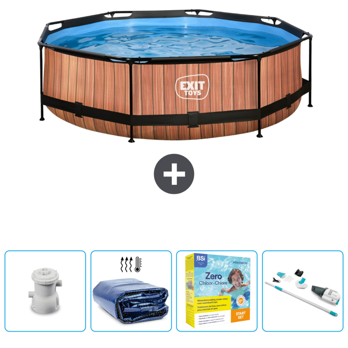 Piscine octogonale aspect bois avec accessoires. Inclut filtre, bâche et produits chimiques.