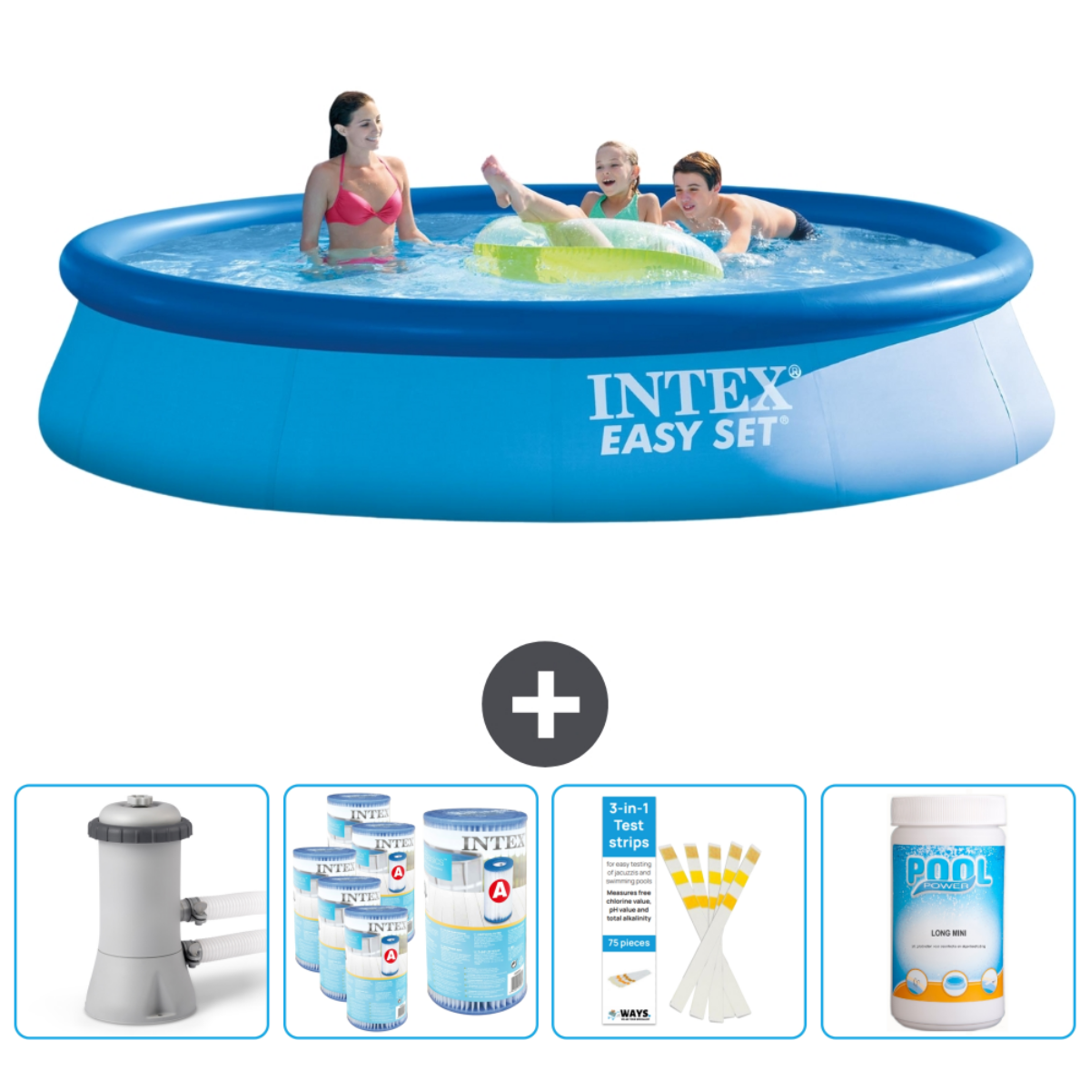 Personnes dans piscine bleue. Inclut accessoires: filtre, produits chimiques, bandelettes et nettoyants.