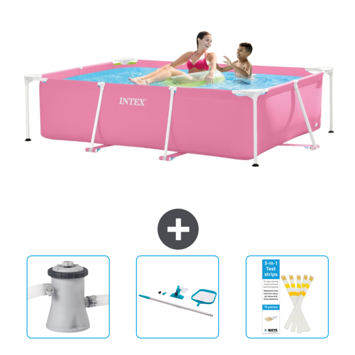 Rosa rechteckiger Intex-Pool mit Personen. Pumpe, Reinigungswerkzeuge und Teststreifen.