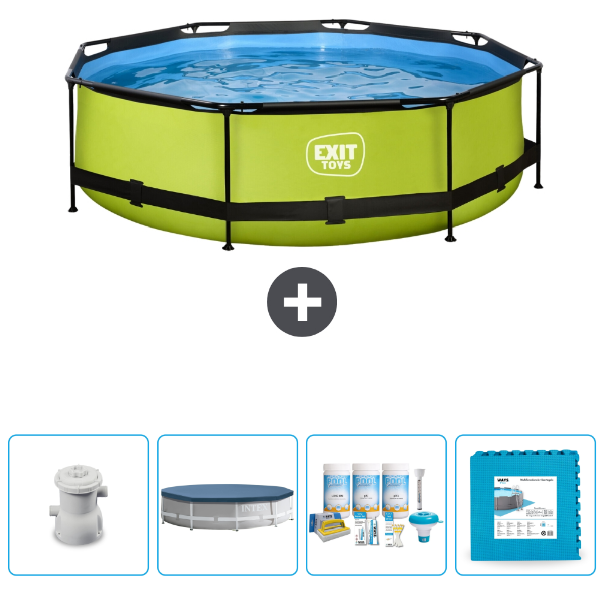 Grüner und schwarzer Pool mit Zubehör. Weißer Hintergrund. Pluszeichen. Pumpe, Abdeckung, Chemikalien und Matte werden gezeigt.