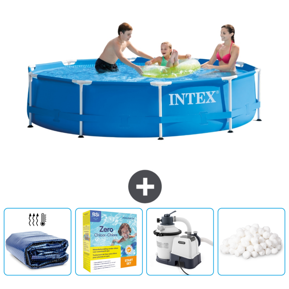 Leute in einem blauen runden Pool mit Zubehör. Enthält Abdeckung, Chemikalien, Filter und Bälle.