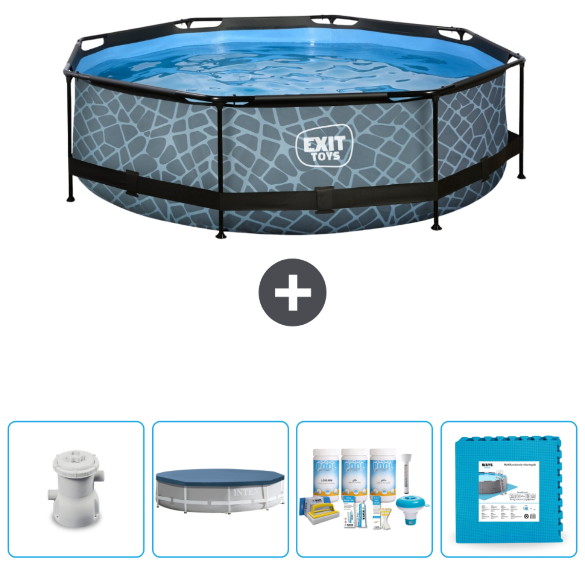 Grauer gemusterter Pool mit Zubehör. Filter, Abdeckung und Reinigungszubehör sind enthalten.