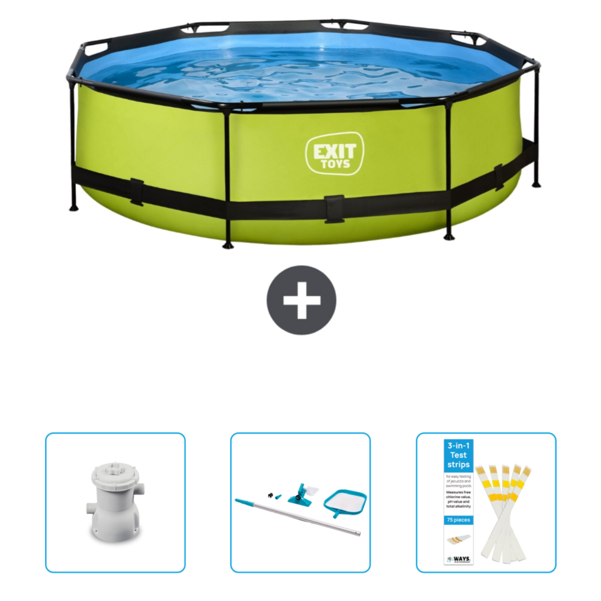 Groen Exit Toys zwembad met accessoires. Inclusief filter, schoonmaakgereedschap en teststrips.