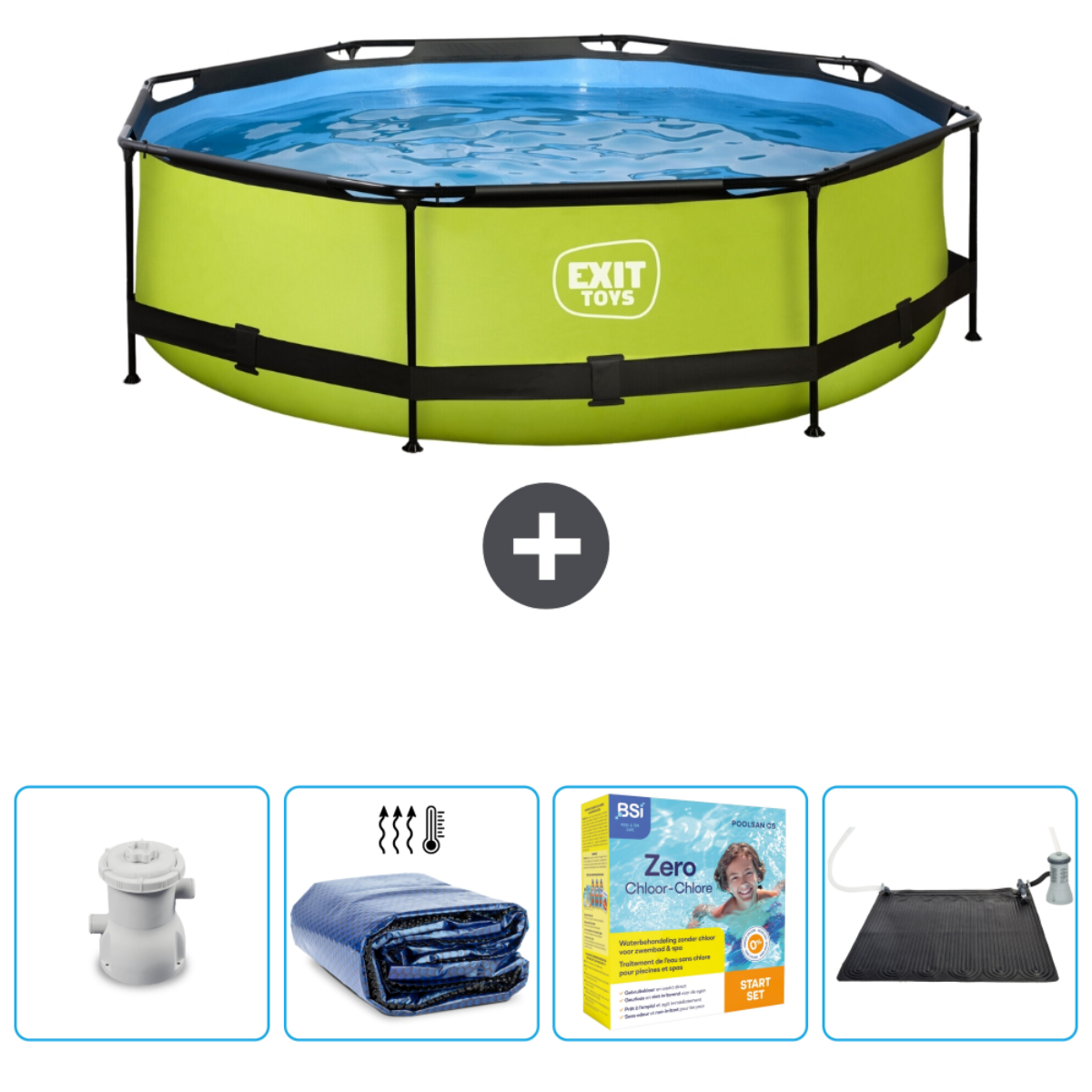 Piscine verte avec accessoires : pompe, bâche, tablettes de chlore et chauffe-eau solaire.